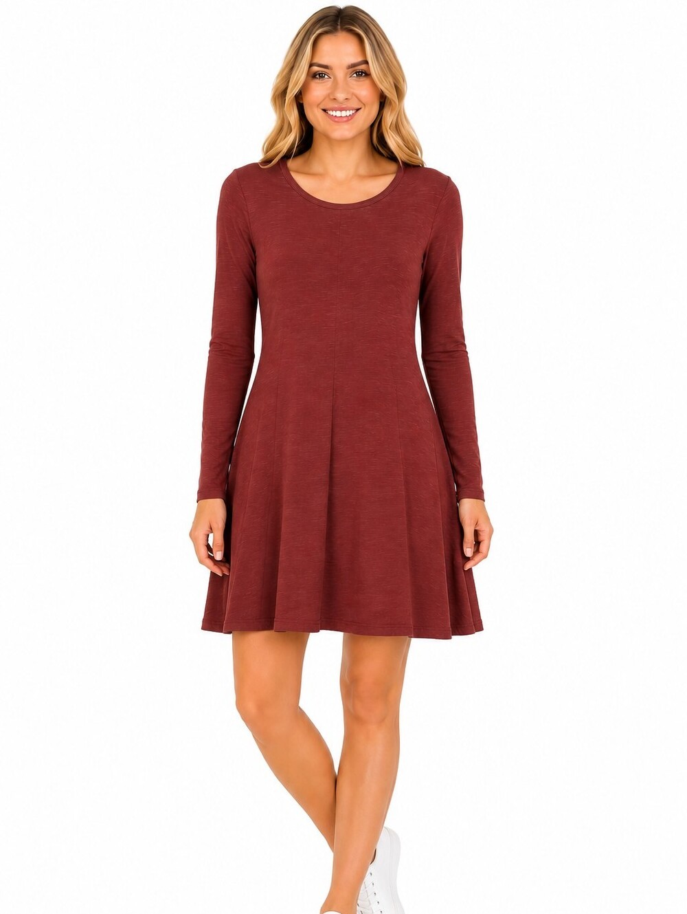 PINC Long-Sleeve Fit & Flare Dress in Wine - SIZE Large NWT